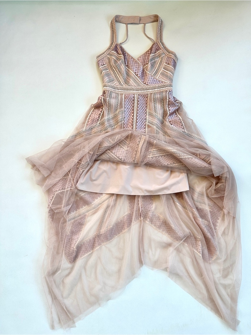BCBGMAXAZARIA PINK/NUDE/METALLIC TULLE ETHEREAL GODDESS HANDKERCHIEF DRESS Sz2 - Picture 13 of 16